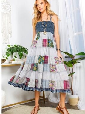 Young Threads Smocked Patchwork Maxi Dress - Blue Patchwork
